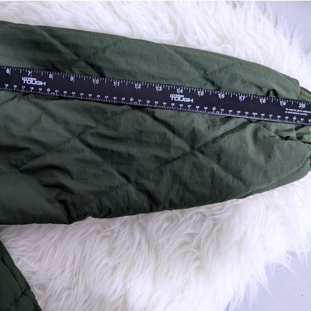Vintage Olive Green M Quilted Parka Jacket Patterned Collar Drawstring Waist - Picture 9 of 11